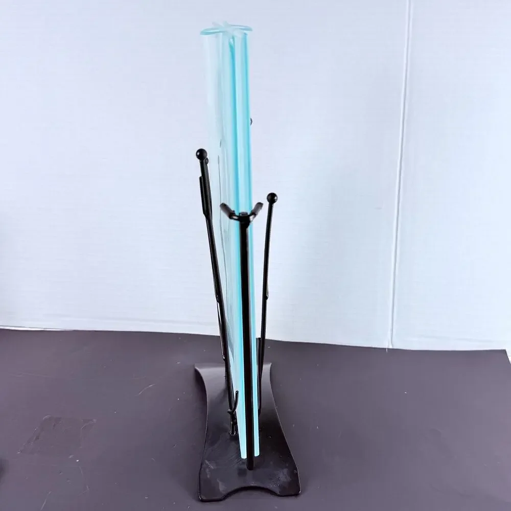 Modern Fused Art Glass Vase Frosted Wavy Clear Black Metal Stand Abstract 13.5